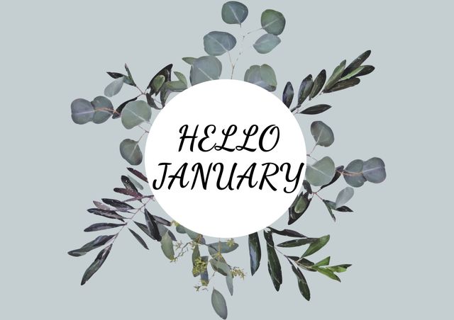 Digital composite image of hello january text over various leaves on gray background. symbol and creativity.