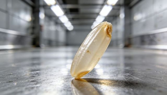 Balancing rice kernel on stainless steel in industrial corridor with dramatic reflections