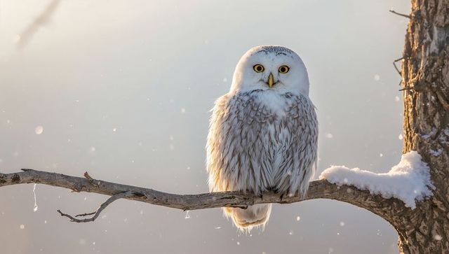 Perching snowy owl watching falling snowflakes on frosty woodland branch at sunrise