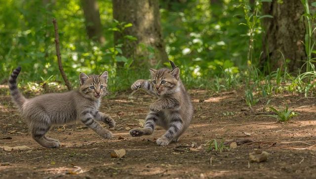 Gray tabby kittens playing and pouncing on sun-dappled forest floor with leaf litter