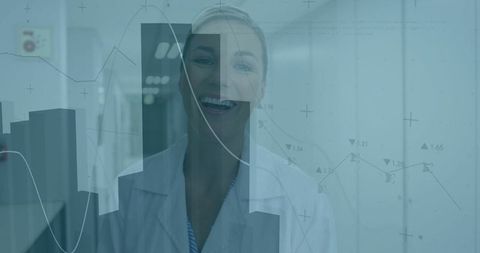 Smiling scientist analyzes data in laboratory with floating charts