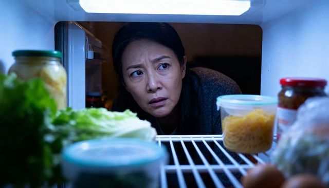 Leaning asian woman peering into fridge at night searching for food and leftovers