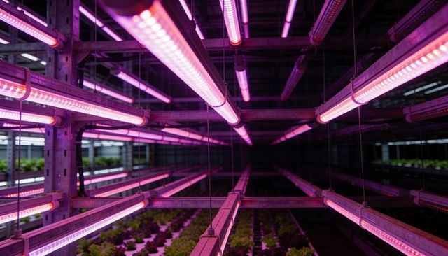 Magenta led grow lights forming converging lines in vertical hydroponic farm racks