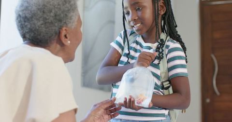 African american girl offering snack bag to grandmother in doorway, warm family moment