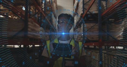 Female warehouse worker using augmented reality hud for inventory inspection and tracking