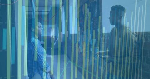 Business professionals analyzing data with technology overlay