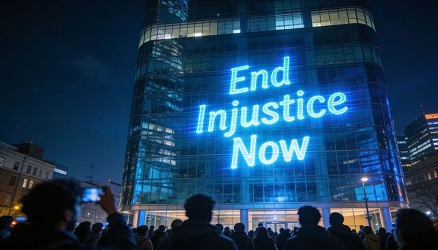 Night urban protest featuring neon end injustice now projection on glass tower