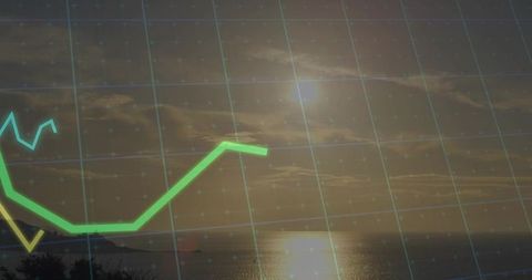 Rising neon line chart overlaying coastal sunrise with grid and ocean reflection