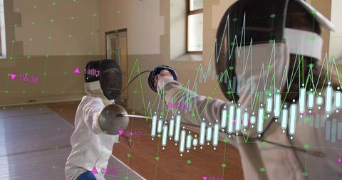 Two fencers lunging and parrying under sports analytics overlay in indoor training hall