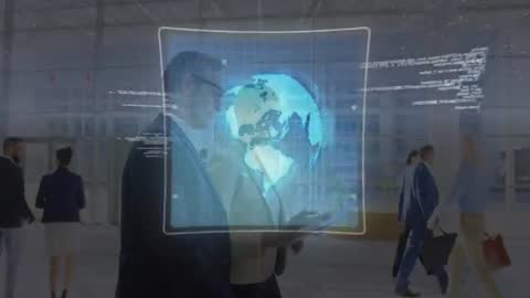 Professionals Interacting with 3D Globe Interface in Modern Lobby
