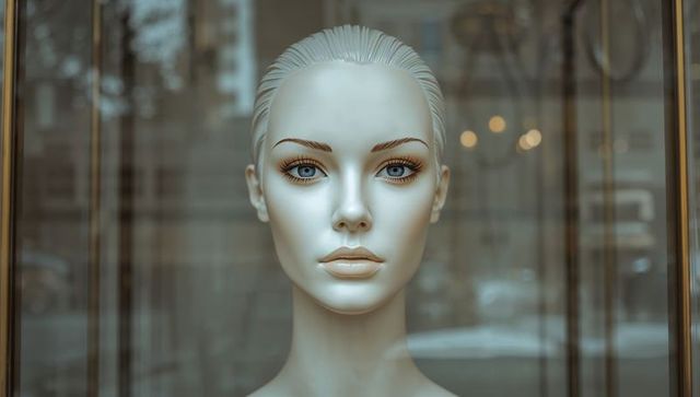 Sleek mannequin head with makeup in luxury storefront window reflecting city street