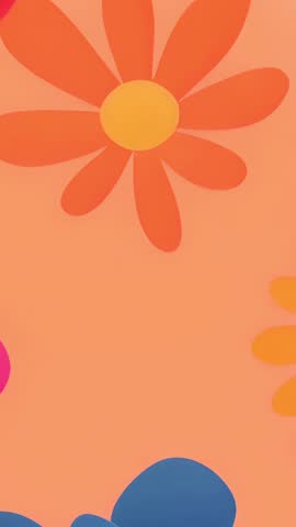 Vertical floral animation with red-orange daisy blooming on peach backdrop and abstract petals