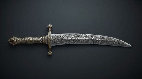 Ornate curved dagger with engraved floral designs on dark backdrop