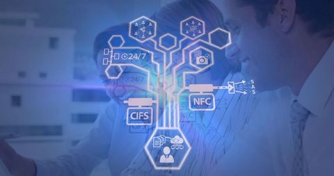 Collaborative business network: diverse team engages with advanced technology