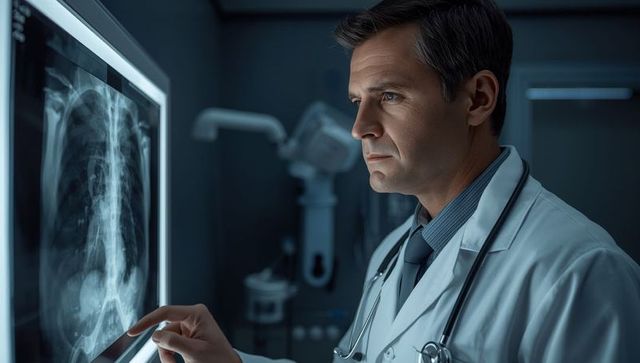 Doctor reviewing chest x-ray with focused expression in radiology room