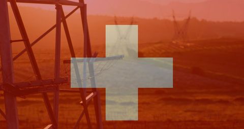 Swiss Flag Overlay on Power Grid during Sunset
