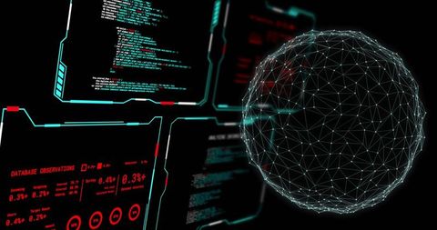 Displaying 3d wireframe sphere with holographic hud and data visualization interface