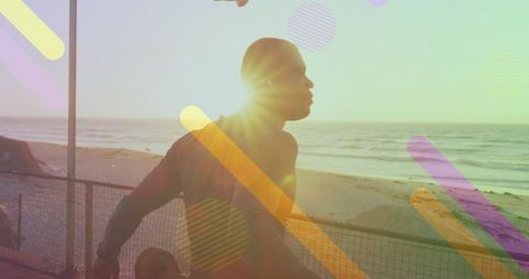 Man stretching by beachfront neath abstract shapes illustration