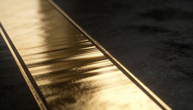 Gleaming golden metal inlay on dark asphalt with reflective diagonal lines luxury abstract