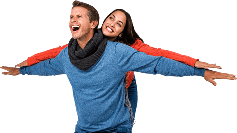 Joyful Couple Laughing with Outstretched Arms Transparent Background