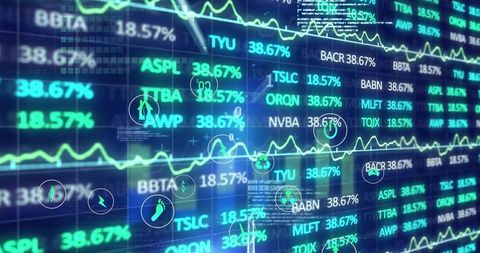 Futuristic market hud displaying neon tickers, live percent readouts and data charts