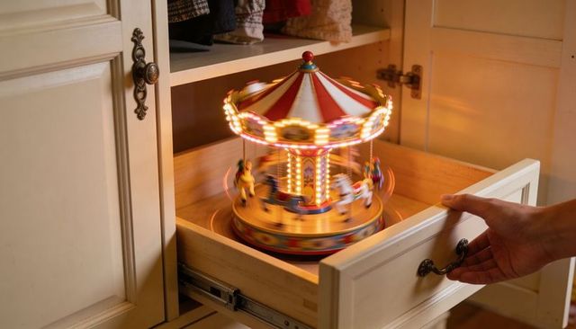 Spinning vintage carousel music box inside cream wardrobe drawer with hand opening