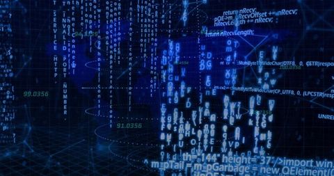 Streaming Neon Blue Code Cascading Through Futuristic Cyber Data Grid, Wireframe Network