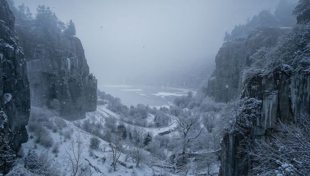 Foggy winter gorge with snow-covered valley, winding road and partially frozen lake