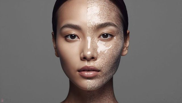 Asian woman revealing split facial skin with peeling mask and smooth contrast for dermatology
