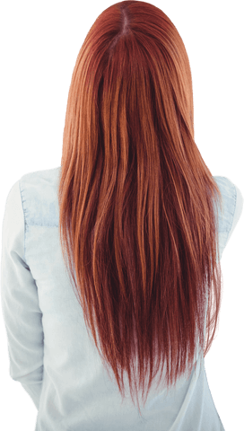 Transparent rear view of woman with long red hair in casual wear