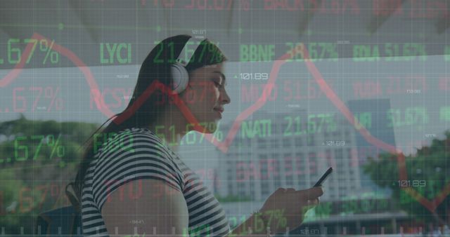 Woman Checking Smartphone with Stock Market Data Overlay - Download Free Stock Images Pikwizard.com