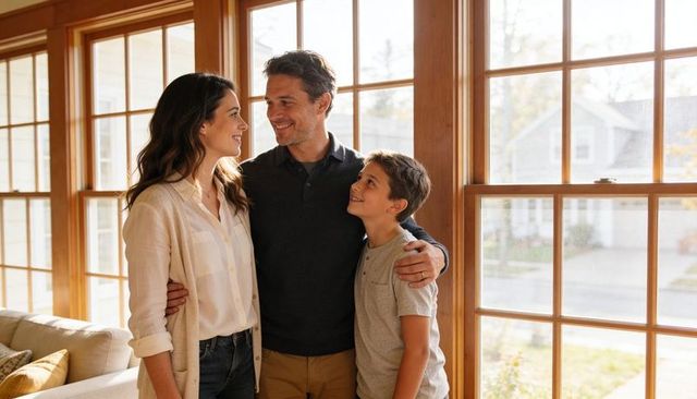 Smiling family embracing by sunny living room windows, cozy suburban home interior