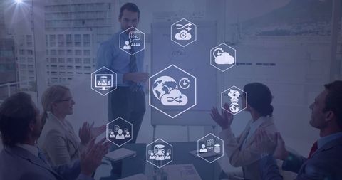 Business Team Analyzing Global Network Data Icons in Modern Office - Download Free Stock Images Pikwizard.com