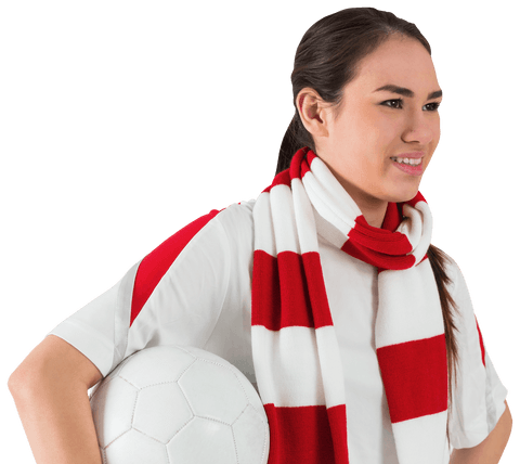 Smiling Female Football Fan in Red White Holding a Transparent Soccer Ball