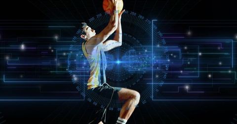 Dynamic basketball player leaping for jump shot with futuristic digital hud background