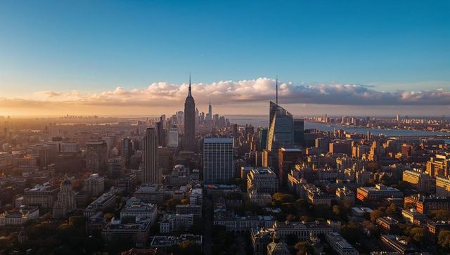 Glowing Manhattan Skyline at Sunset Showing Empire State Building, Aerial Urban Cityscape
