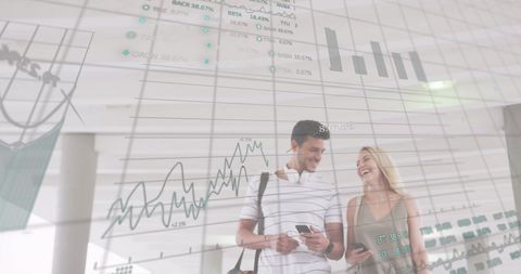 Young Couple Walking Through Futuristic Data Interface