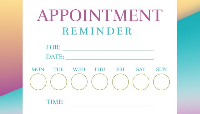 Colorful reminder template helpful for organizing and planning weekly appointments and important dates. Includes sections for specific day and time details, ideal for busy schedules. Perfect for personal and professional use, enhancing time management and productivity.