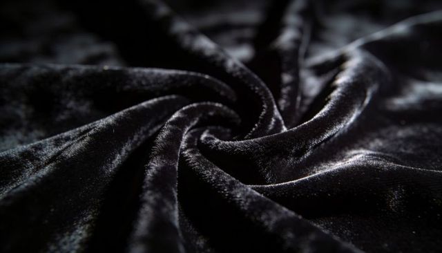 Shimmering black velvet swirling spiral with glossy pile and plush luxurious texture