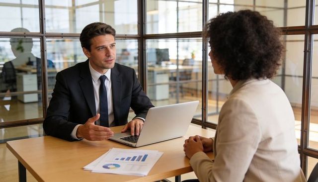 Executive explaining performance charts during one-on-one interview at modern office desk