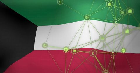 Kuwait flag integrating neon financial network and data analytics visualization