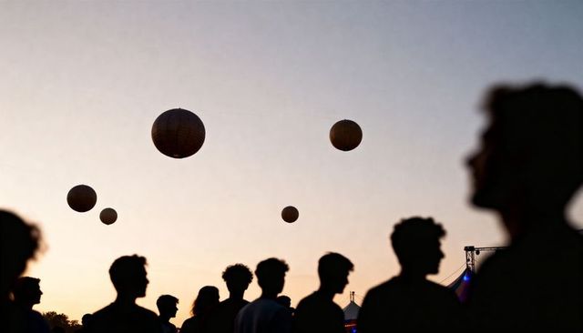 Silhouetted crowd watching floating lanterns at twilight music festival with stage glow