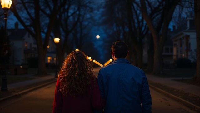 Couple walking on dusk-lit street through quiet courtyard