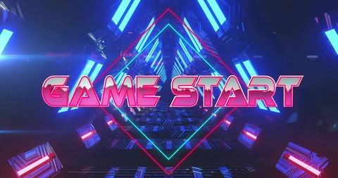Pulsing game start neon diamond tunnel retrofuturistic cyberpunk arcade portal vibrant