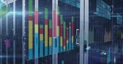 Colorful Bar Charts on Transparent Panels in Futuristic Data Center
