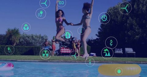 Two Friends Joyfully Jumping into Pool at Backyard Celebration