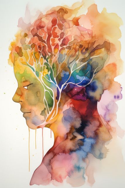 This abstract watercolor artwork depicts a human profile merged with a tree, symbolizing the connection between nature and the mind. It features a harmonious blend of vibrant colors and organic shapes. Ideal for use in creative projects, art exhibitions, psychology studies, or wellness blogs promoting mental health and wellness in connection with nature.