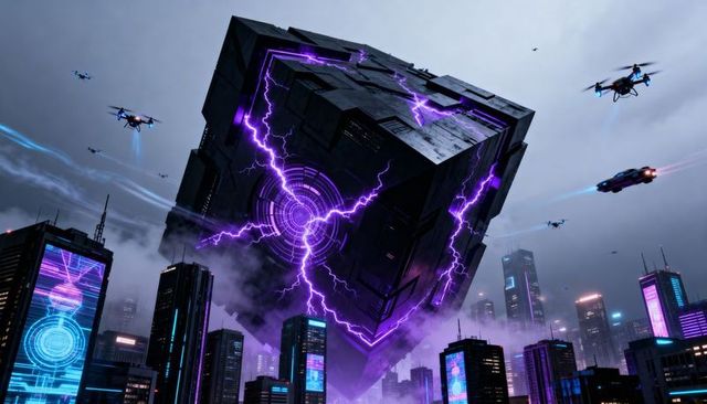 Hovering Massive Cube Emitting Purple Lightning Over Neon Megacity with Drone Swarm
