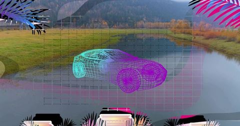 Holographic wireframe car floating over riverside meadow with neon mesh and ui grid panels