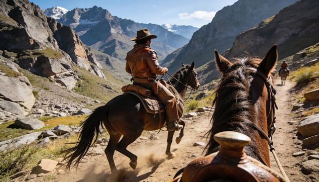 Cowboy riding through rocky alpine canyon on horseback, dust trail and leather saddle